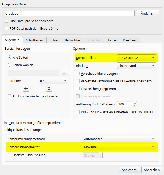 Scribus: Export, PDF/X-3 und Kompressionsqualität